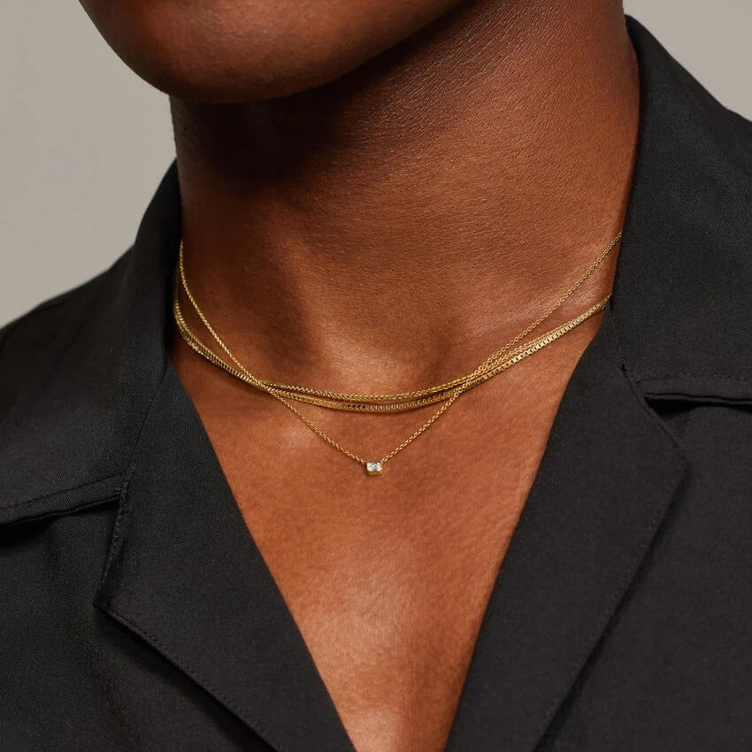 14K Gold Bezel Set Baguette Diamond Delicate Necklace