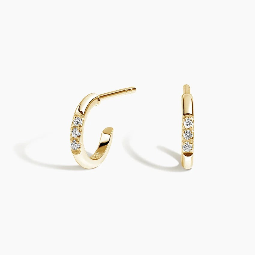 14K Gold C Shaped Half Hoop Stud Earrings With Three Diamonds