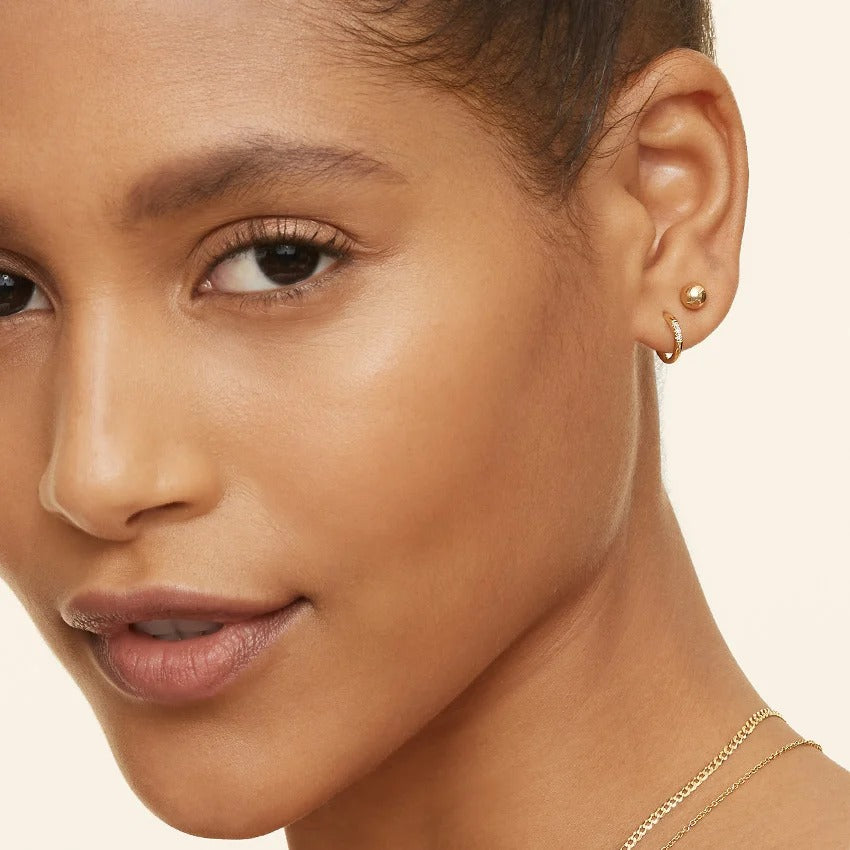 14K Gold C Shaped Half Hoop Stud Earrings With Three Diamonds
