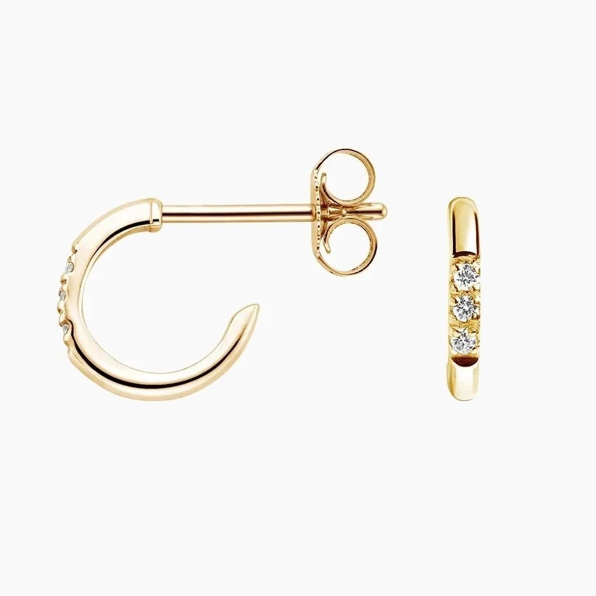 14K Gold C Shaped Half Hoop Stud Earrings With Three Diamonds