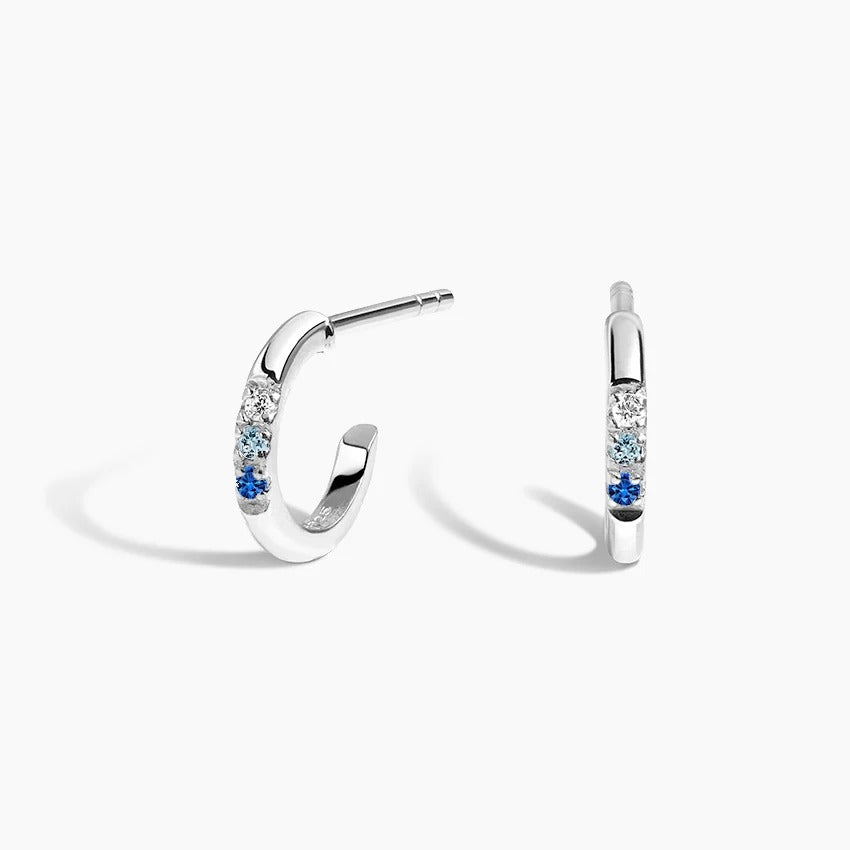 14K White Gold Gradient Multi Gemstone C Shaped Half Hoop Stud Earrings