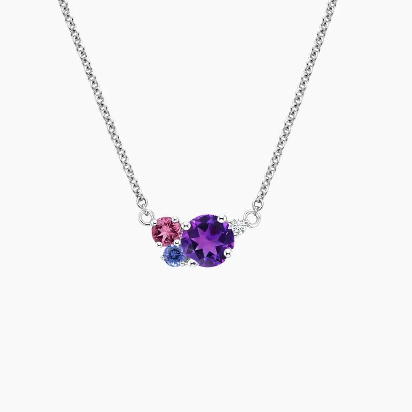 14K White Gold Multi Colored Gemstone Cluster Necklace