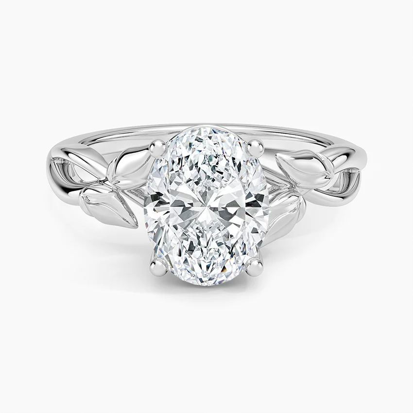 14K White Gold Oval Diamond Floral Leaf Ring