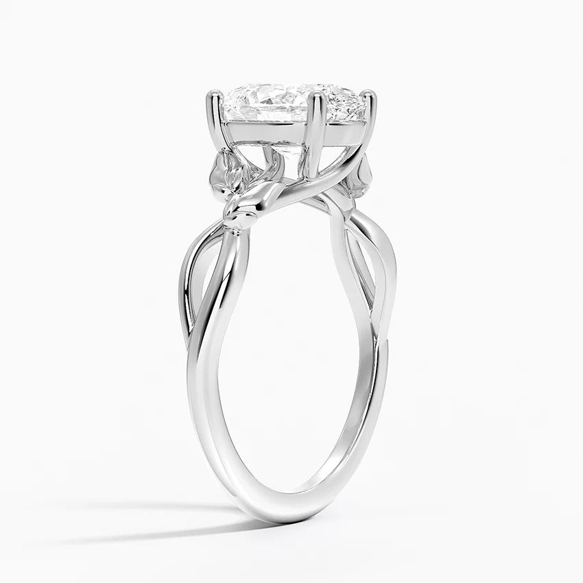 14K White Gold Oval Diamond Floral Leaf Ring