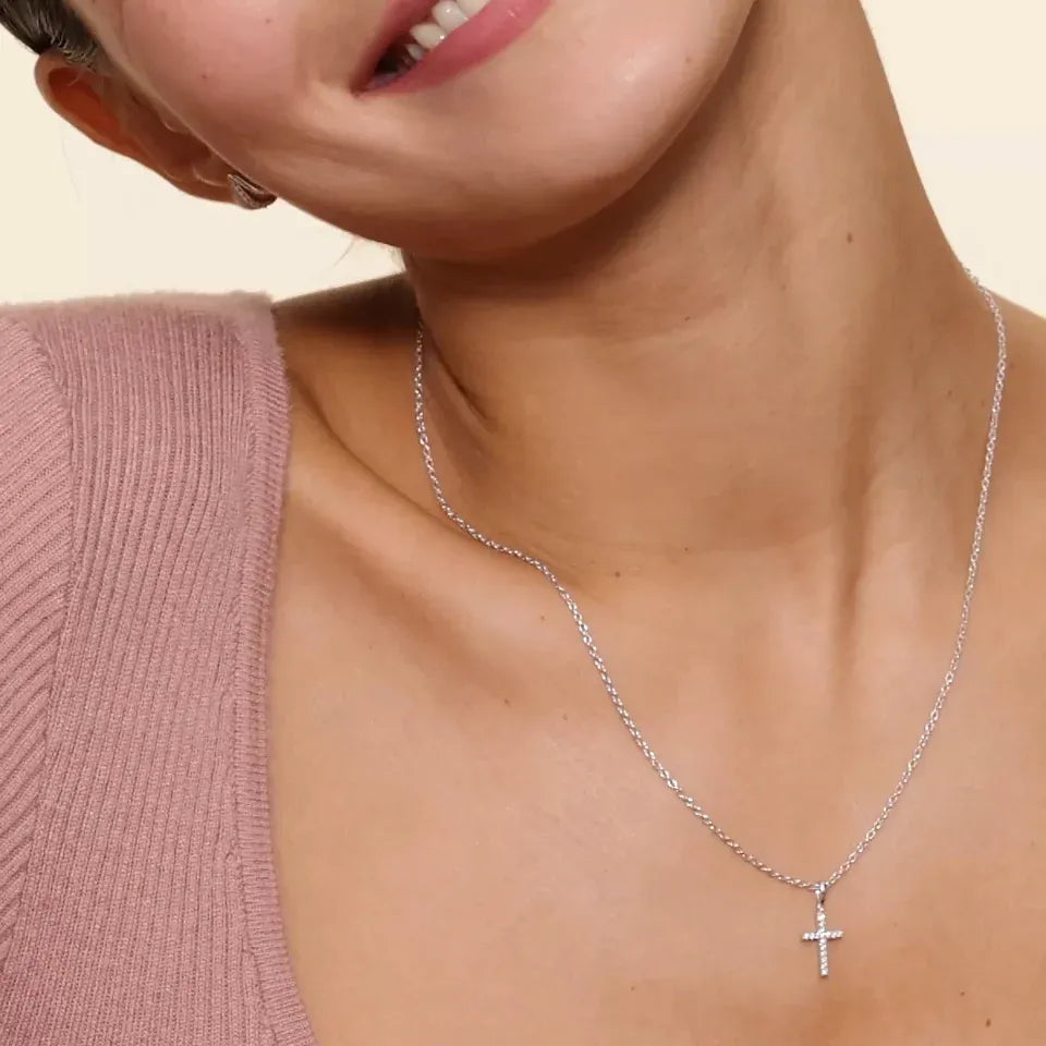14K White Gold Pavé Diamond Cross Pendant Necklace